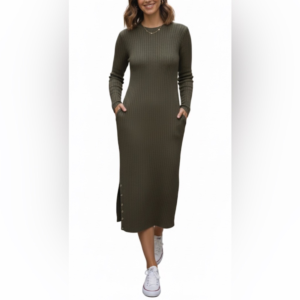 Nation LTD Alanna Long Sleeve Body Con Midi Dress Waffle Knit Gray Size S. - Picture 3 of 11